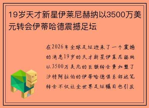 19岁天才新星伊莱尼赫纳以3500万美元转会伊蒂哈德震撼足坛